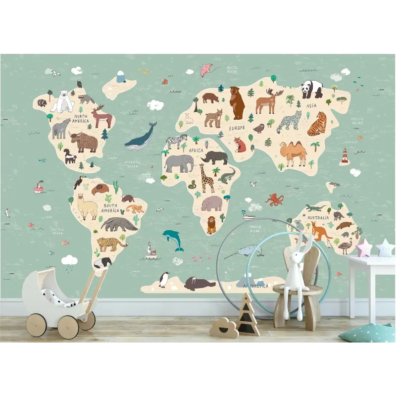 Designed4Kids wandvullend behang kinderkamer wereldkaart met dieren