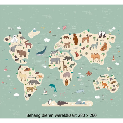 Designed4Kids wandvullend behang kinderkamer wereldkaart met dieren