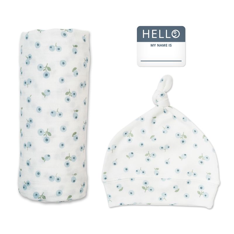 Lulujo Hello World Swaddle & Hat - Blueberry