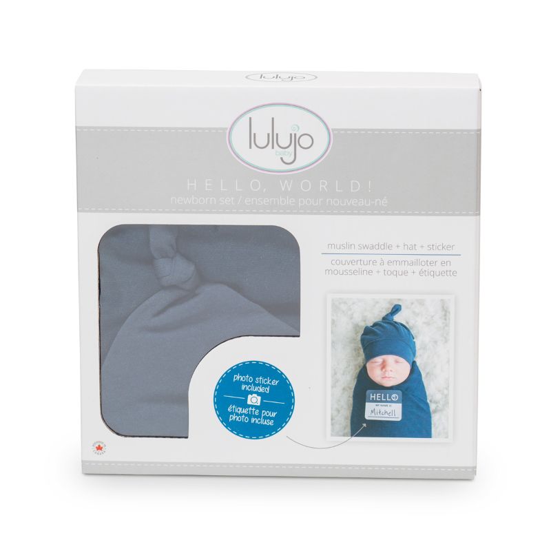 Lulujo Hello World Swaddle & Hat - Navy