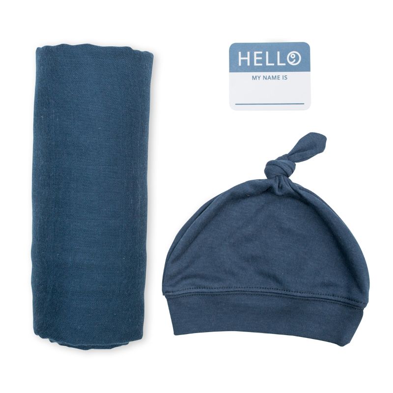 Lulujo Hello World Swaddle & Hat - Navy