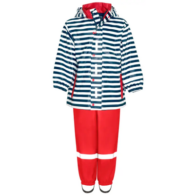 Playshoes regenpak 2-delig marine streep rood