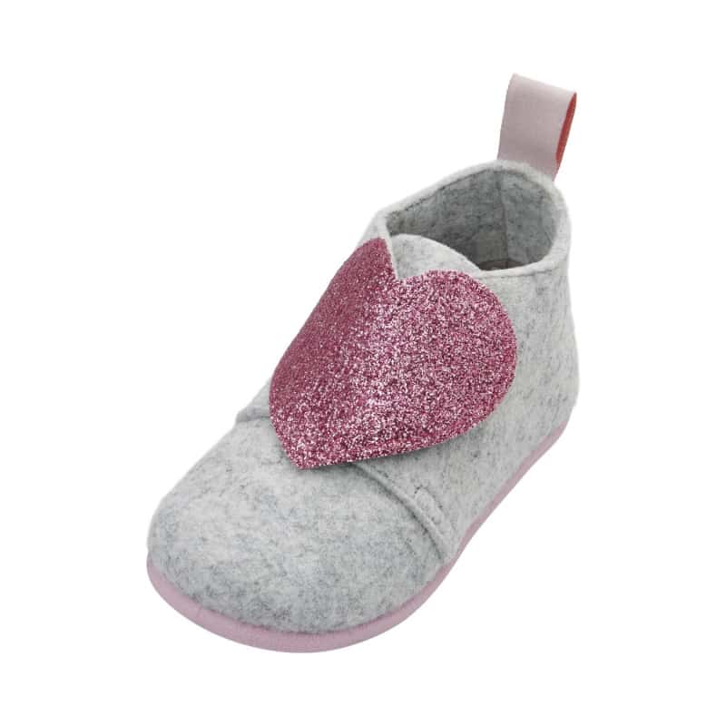 Playshoes pantoffels vilt Glitterhart Grijs Roze